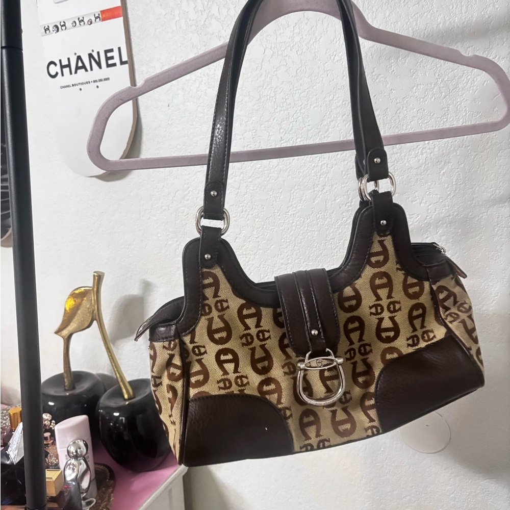 Etienne Aigner Tan and Brown Logo Shoulder Bag